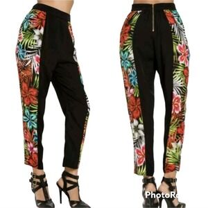 Line & Dot Silk High Waisted Black Tropical Rainbow Floral Pants Size XS NWT